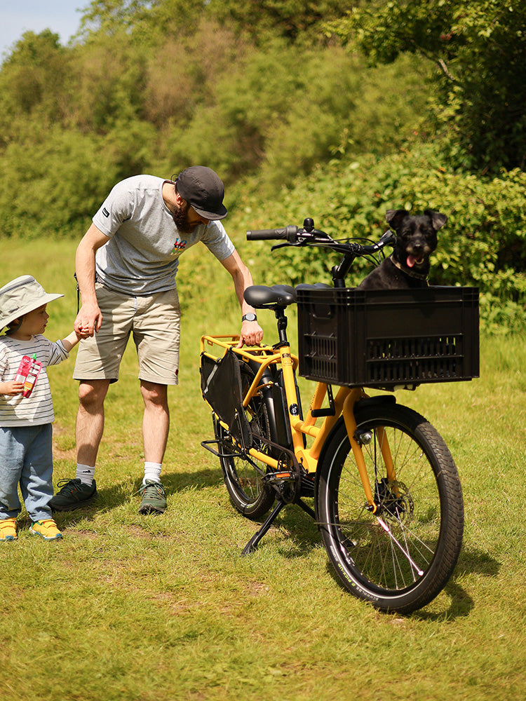 Veloe electric family bike to carry kids in yellow