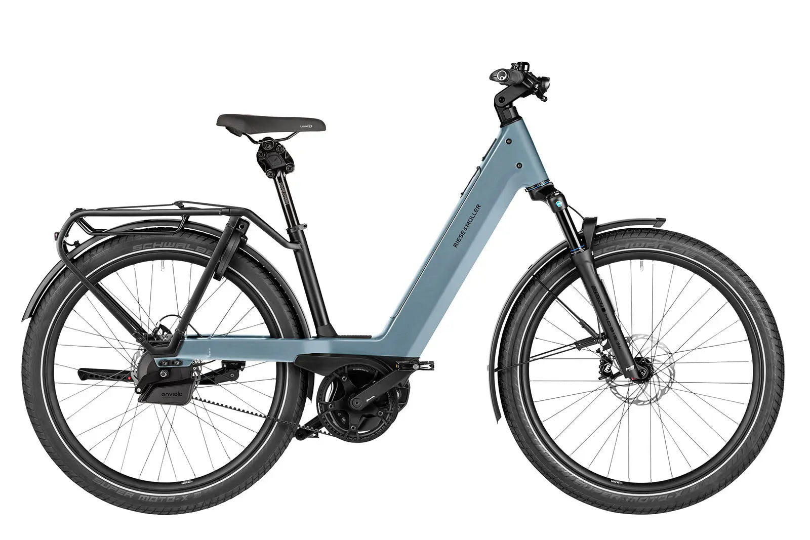 Riese & Müller Nevo5 automatic electric bike in ice blue