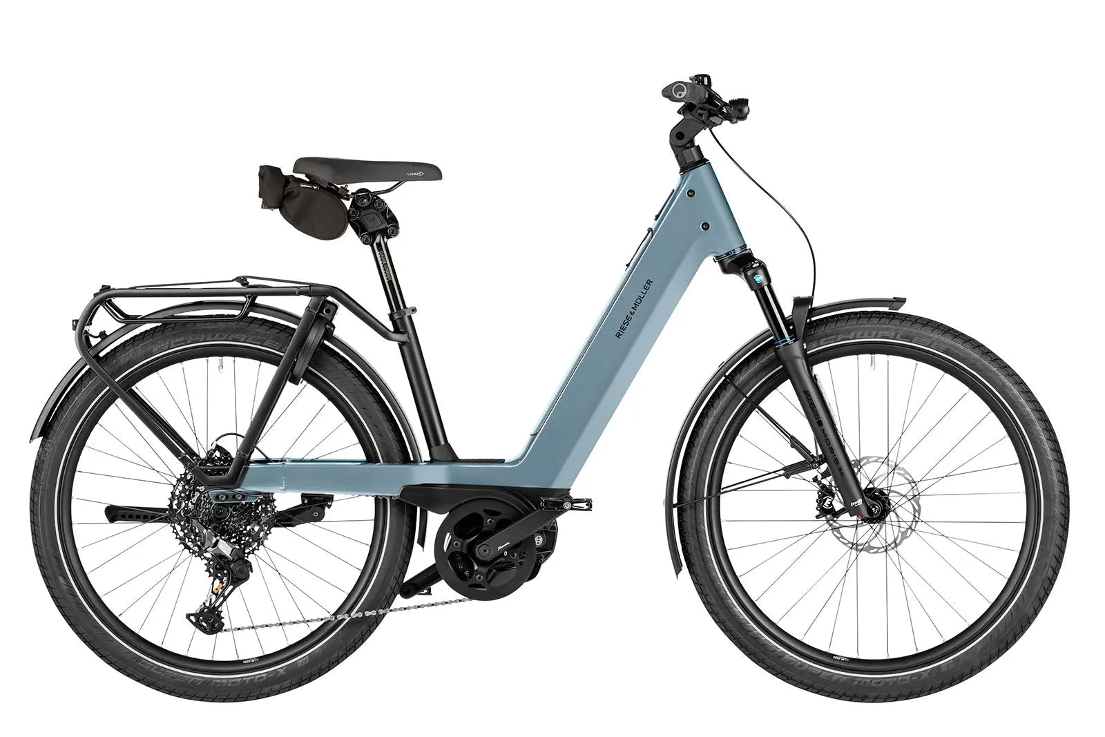 Riese & Müller Nevo5 touring electric bike in ice blue