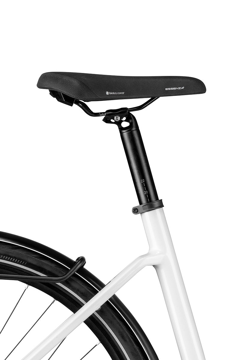 Riese & Müller UBN Six in pure white — Selle Royal Essenza saddle and seatpost above the rear rack