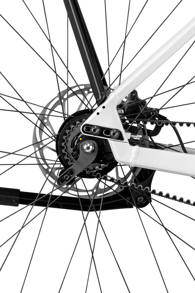 Riese & Müller UBN Six silent — rear hub detail with belt sprocket, disc rotor and kickstand