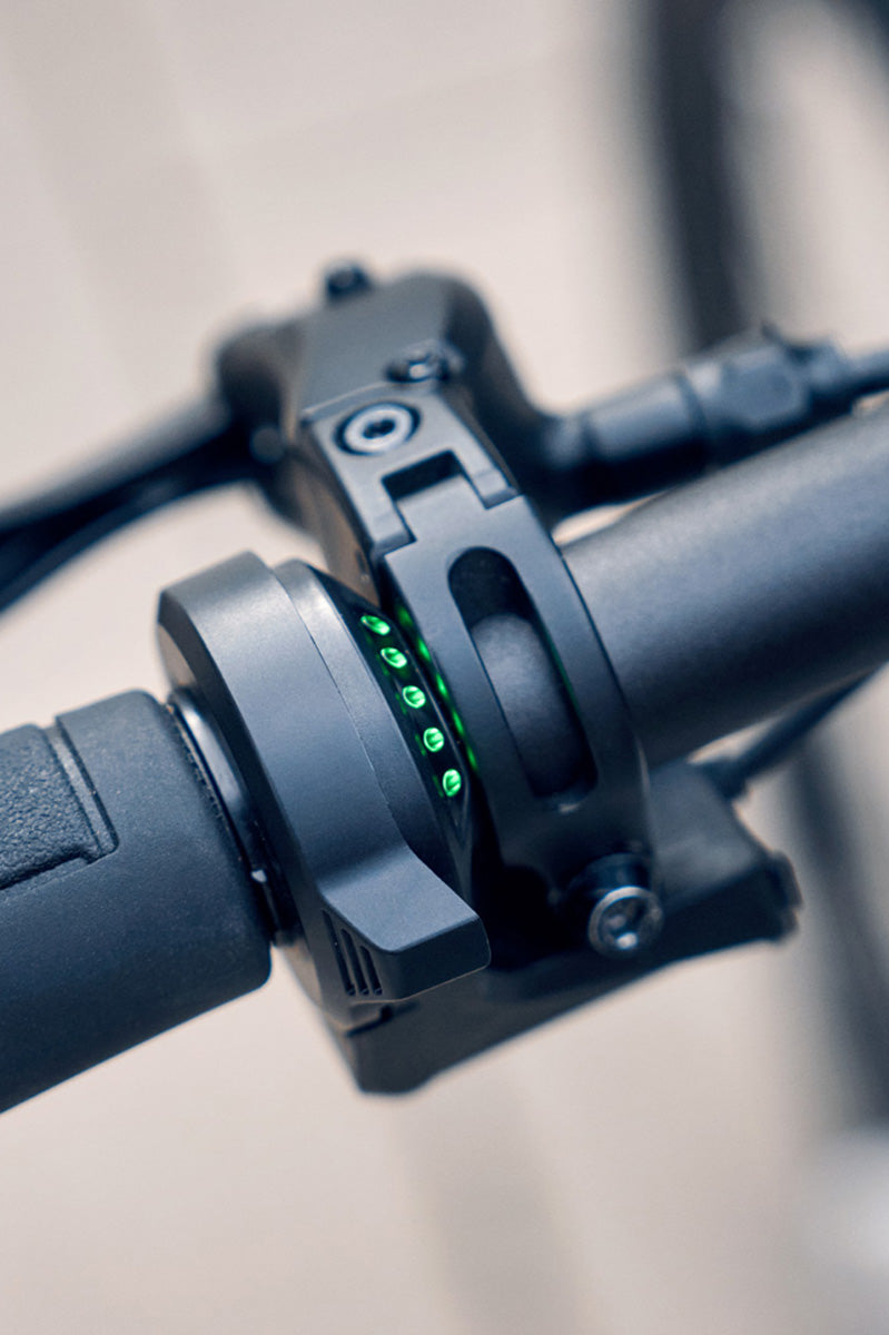 Riese & Müller UBN Six — handlebar control unit with green LED battery indicator