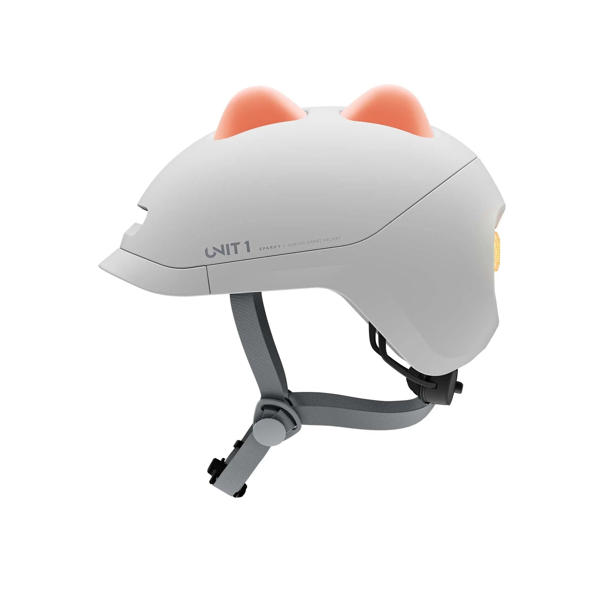 UNIT 1 Dino silicone inserts in tangerine orange, fitted to a SPARKY kids' helmet, side view