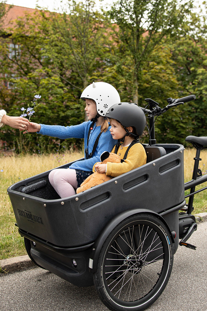 Two children with helmets and a teddy bear in a Black Iron Horse cargo box, one reaching for a flower