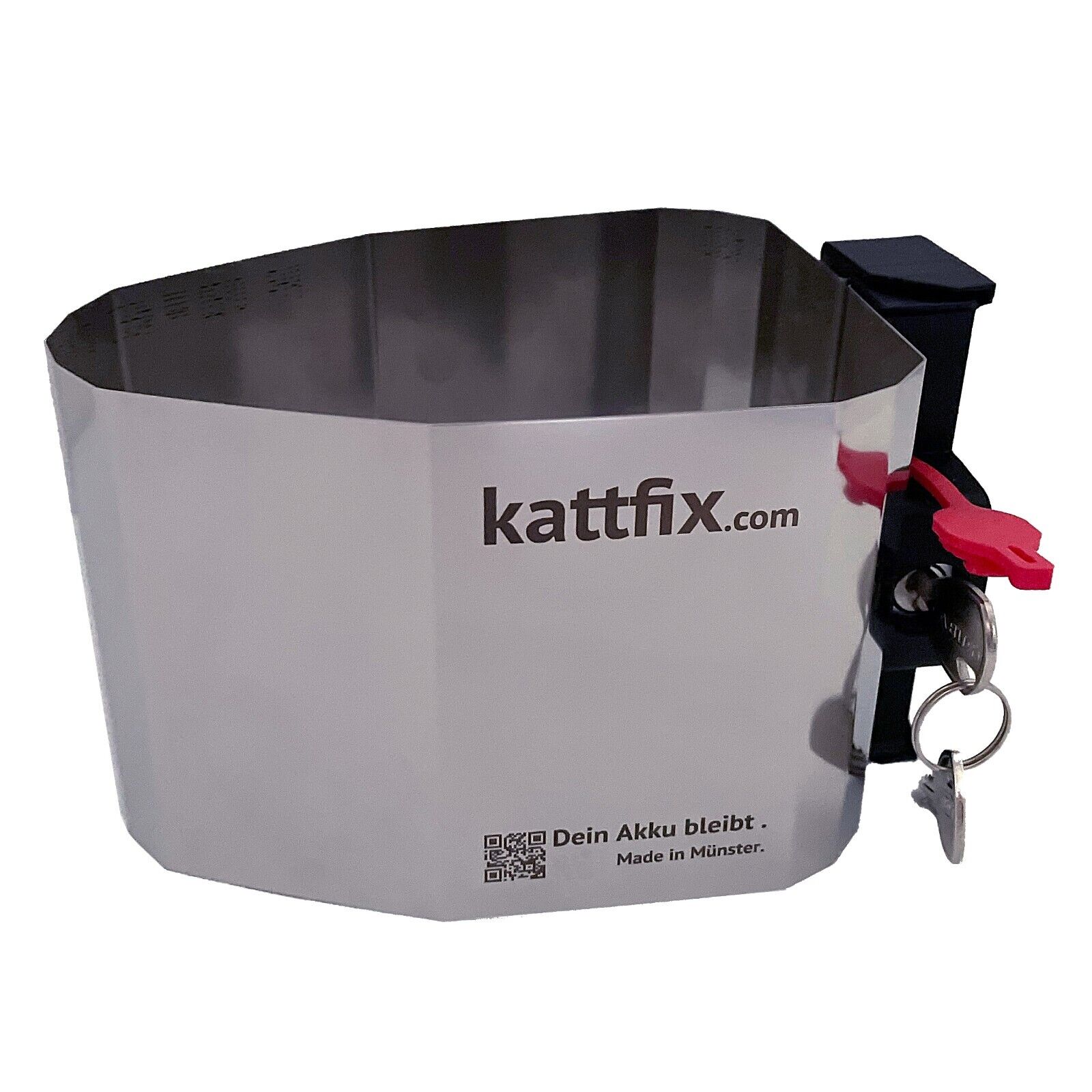 Kattfix stainless-steel battery lock band with its black lock unit, red fitting key and keys