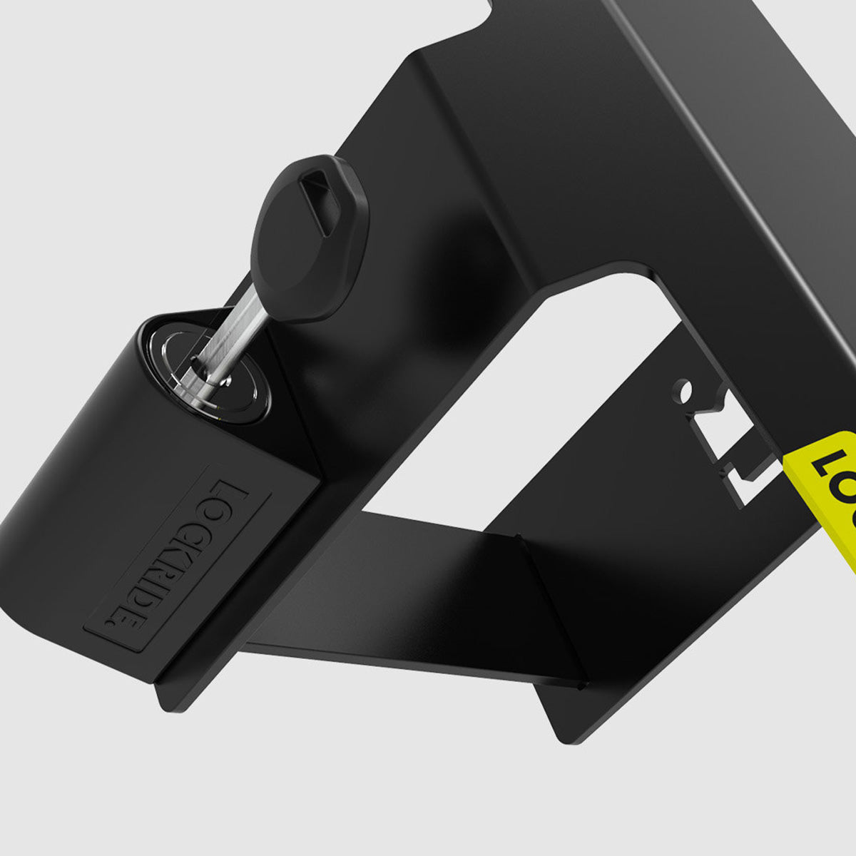 Close-up of the Lockride Z-Series bracket with its padlock and key