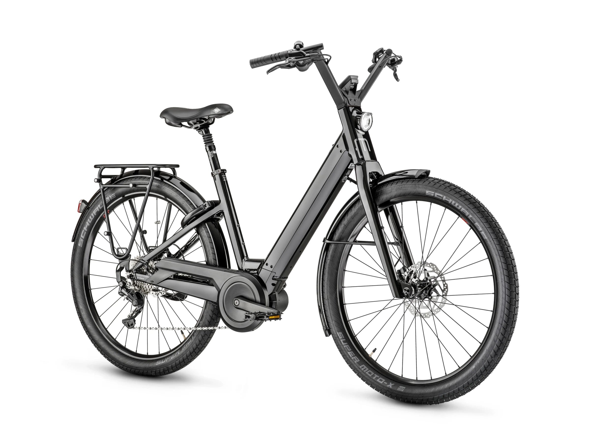 Moustache Lundi 27.3 step-through e-bike in black, front three-quarter view showing the high-rise handlebar