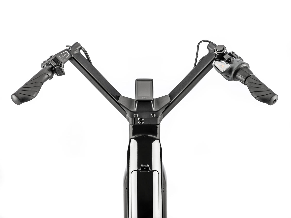 Rider's view of the Lundi 27.3 cockpit — high-rise handlebar with the display set into the stem