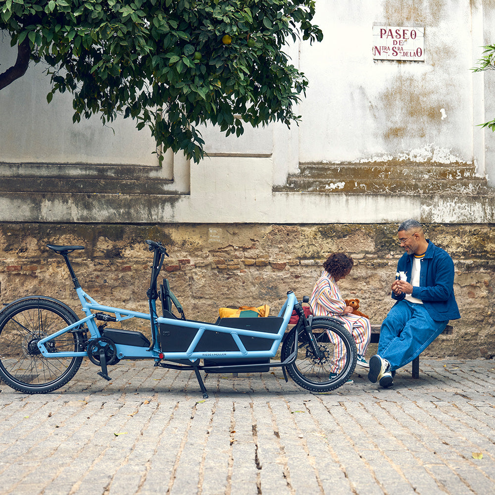 Riese & Müller Load5 75 Vario electric family bike in Arctic Blue