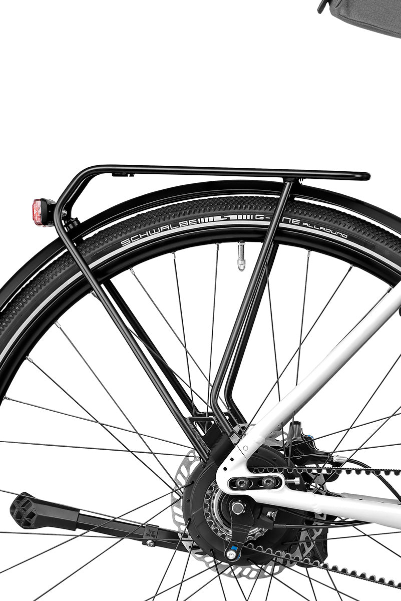 Riese & Müller Roadster Mixte in crystal white — rear rack, mudguard and tail light detail