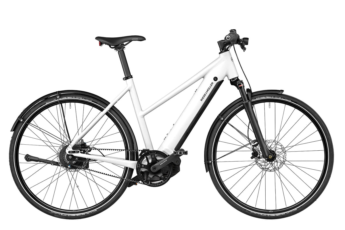 Riese & Müller Roadster Mixte vario in crystal white — full side view with belt drive, rear rack and suspension fork