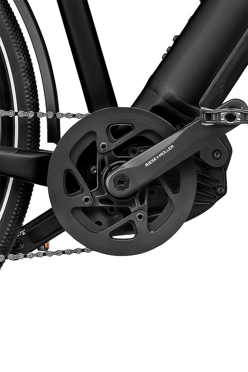 Riese & Müller Roadster — chainring with chain guard and R&M crank close-up