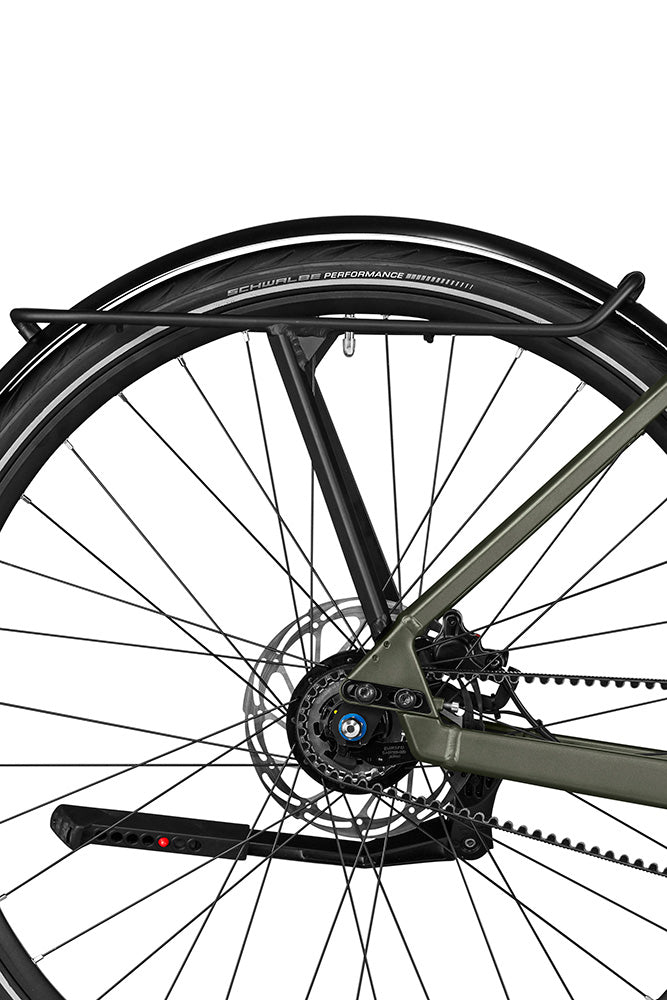 Rear wheel of the UBN Five — hub, belt drive and disc brake, with mudguard and rack