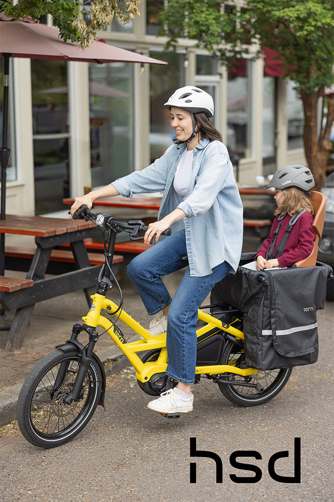 Tern GSD Gen 3 electric family bike carrying one child