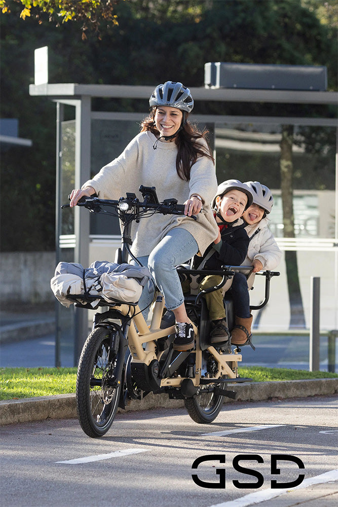 Tern GSD Gen 3 electric family bike carrying two children