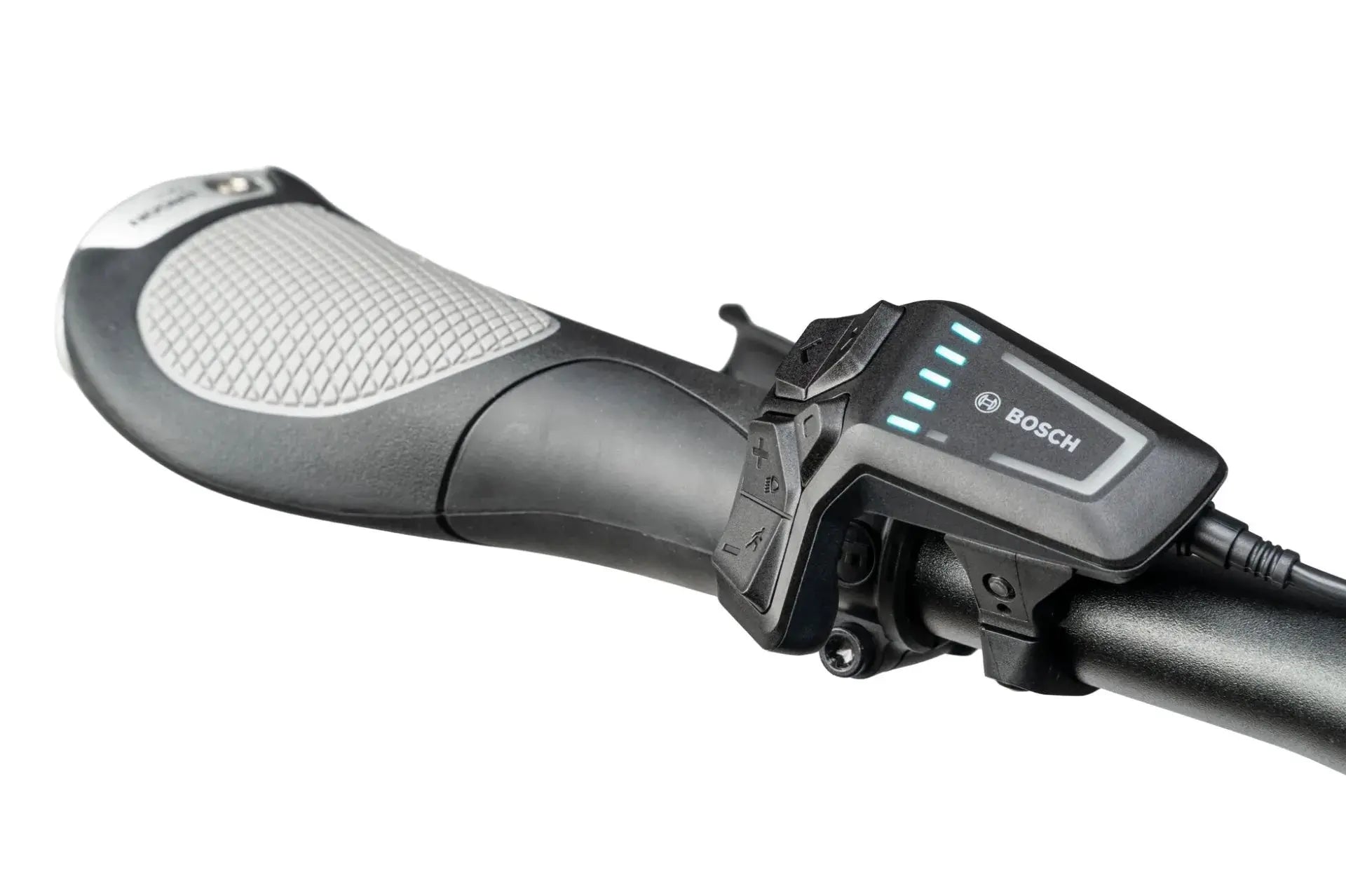 Close-up of the Tern HSD S9i Gen 3 handlebar grip with Bosch eShift LED control remote