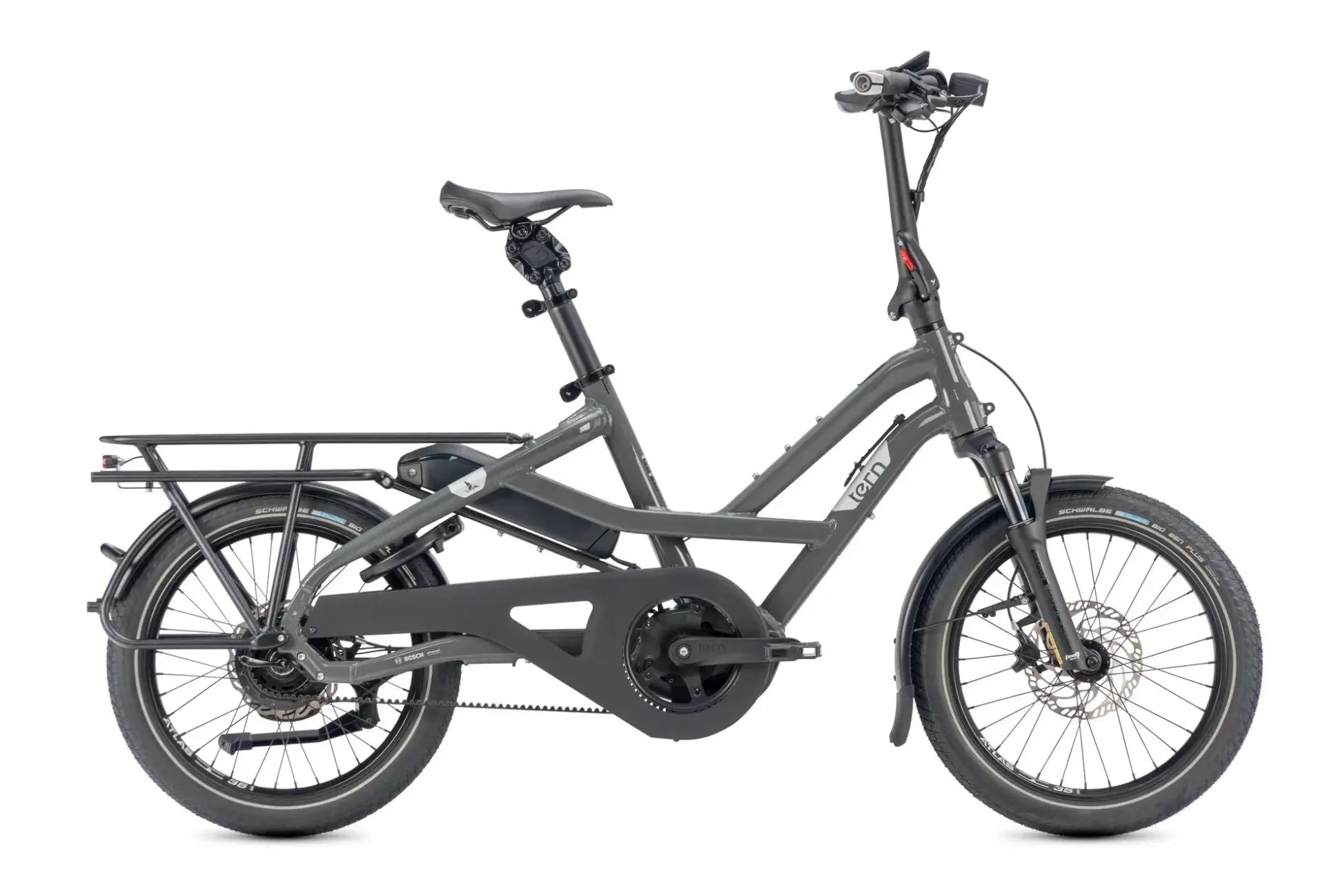 Tern HSD S9i Gen 3 electric longtail cargo bike in Basalt grey, side profile