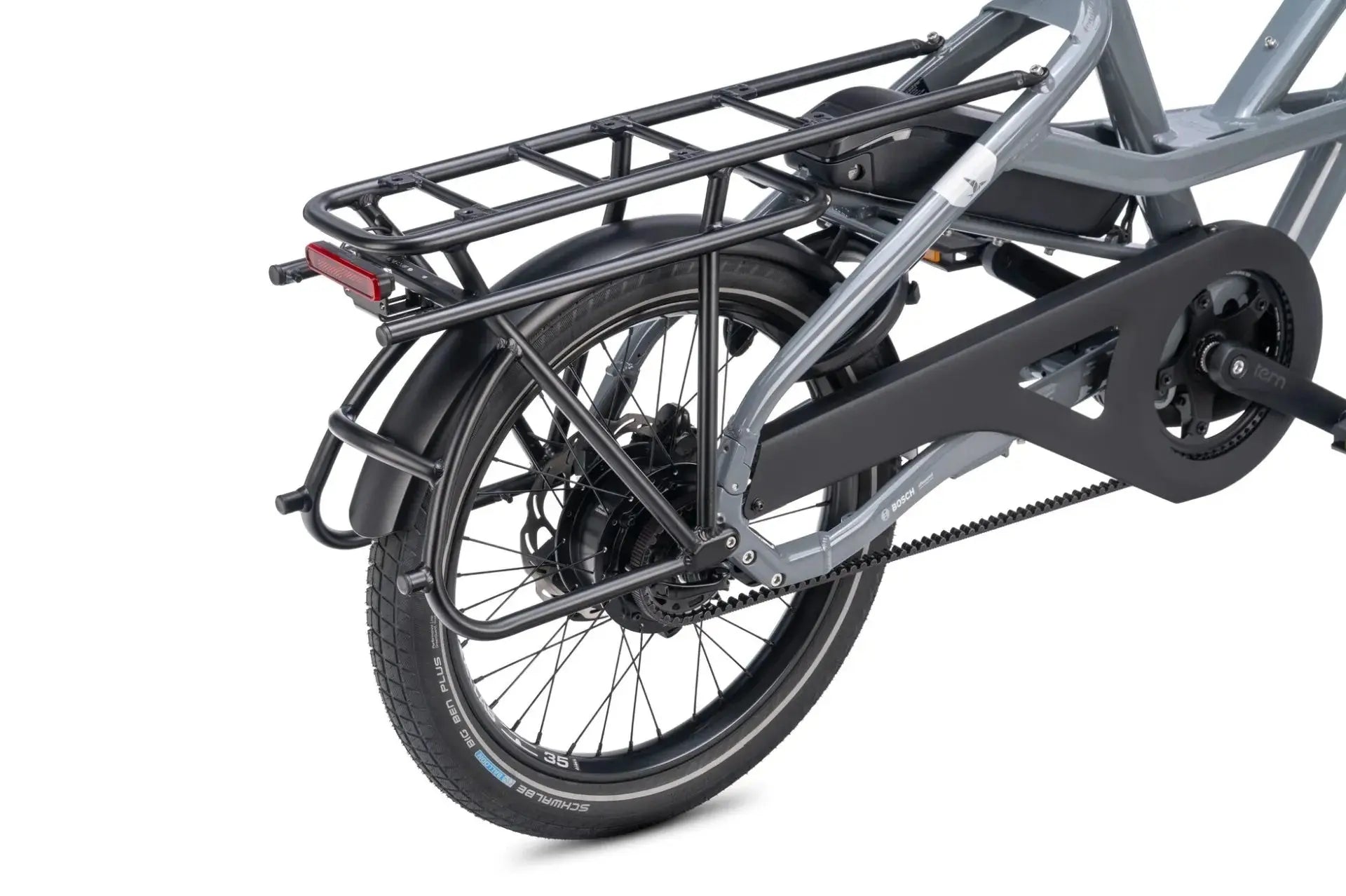 Close-up of the Tern HSD S9i Gen 3 rear cargo rack and integrated rear light