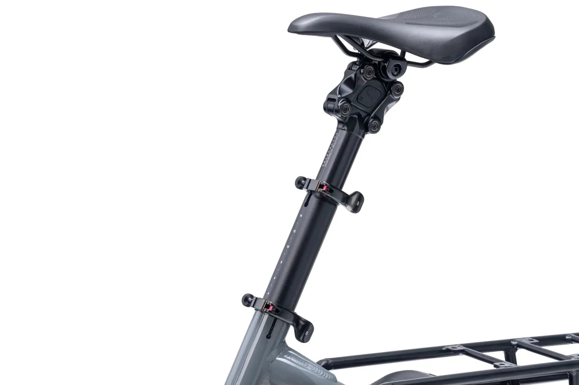 Close-up of the Tern HSD S9i Gen 3 adjustable telescopic seatpost with quick-release clamps