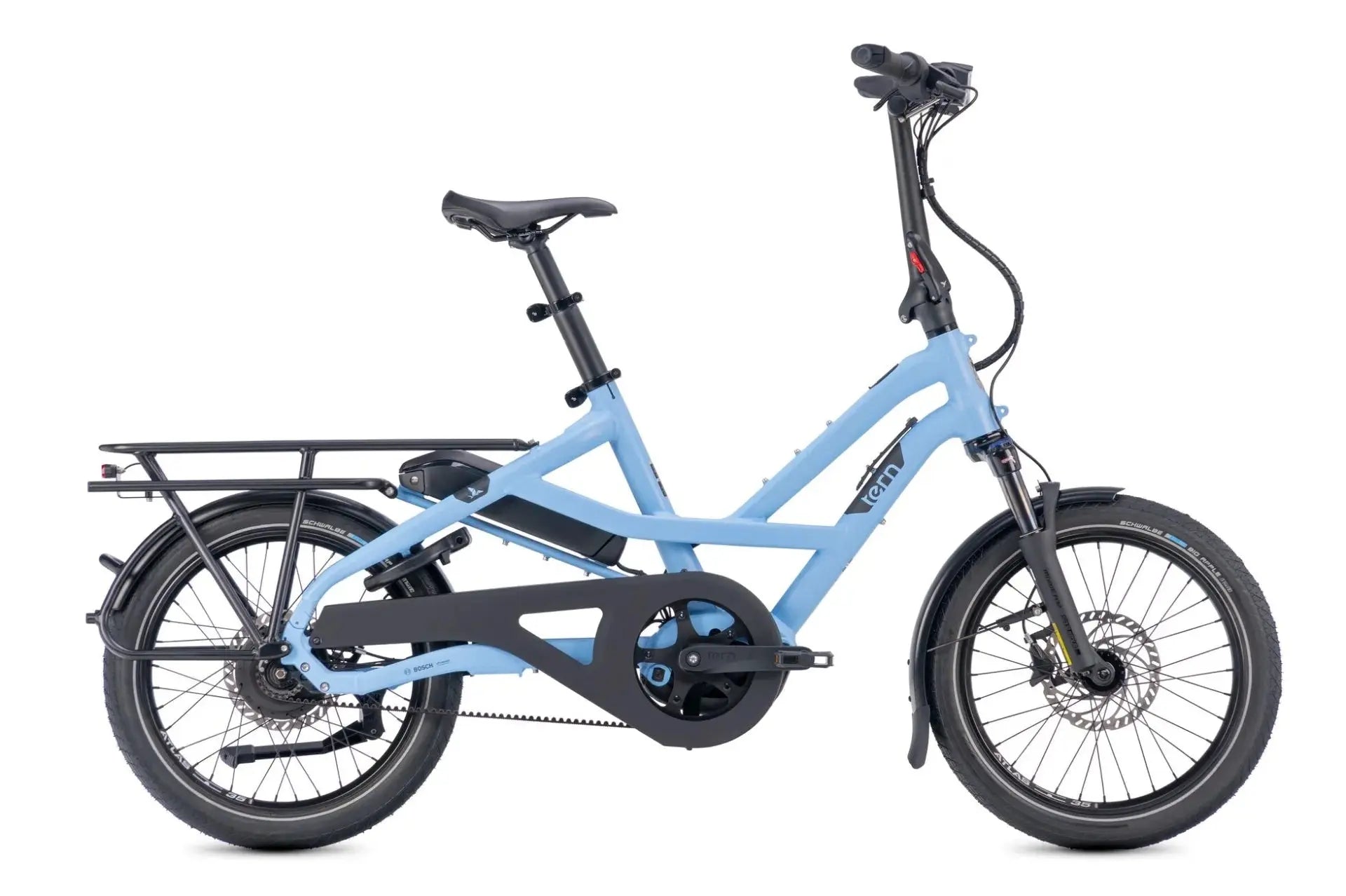 Tern HSD P00 Gen 3 electric longtail cargo bike in Sky Mist blue, side profile