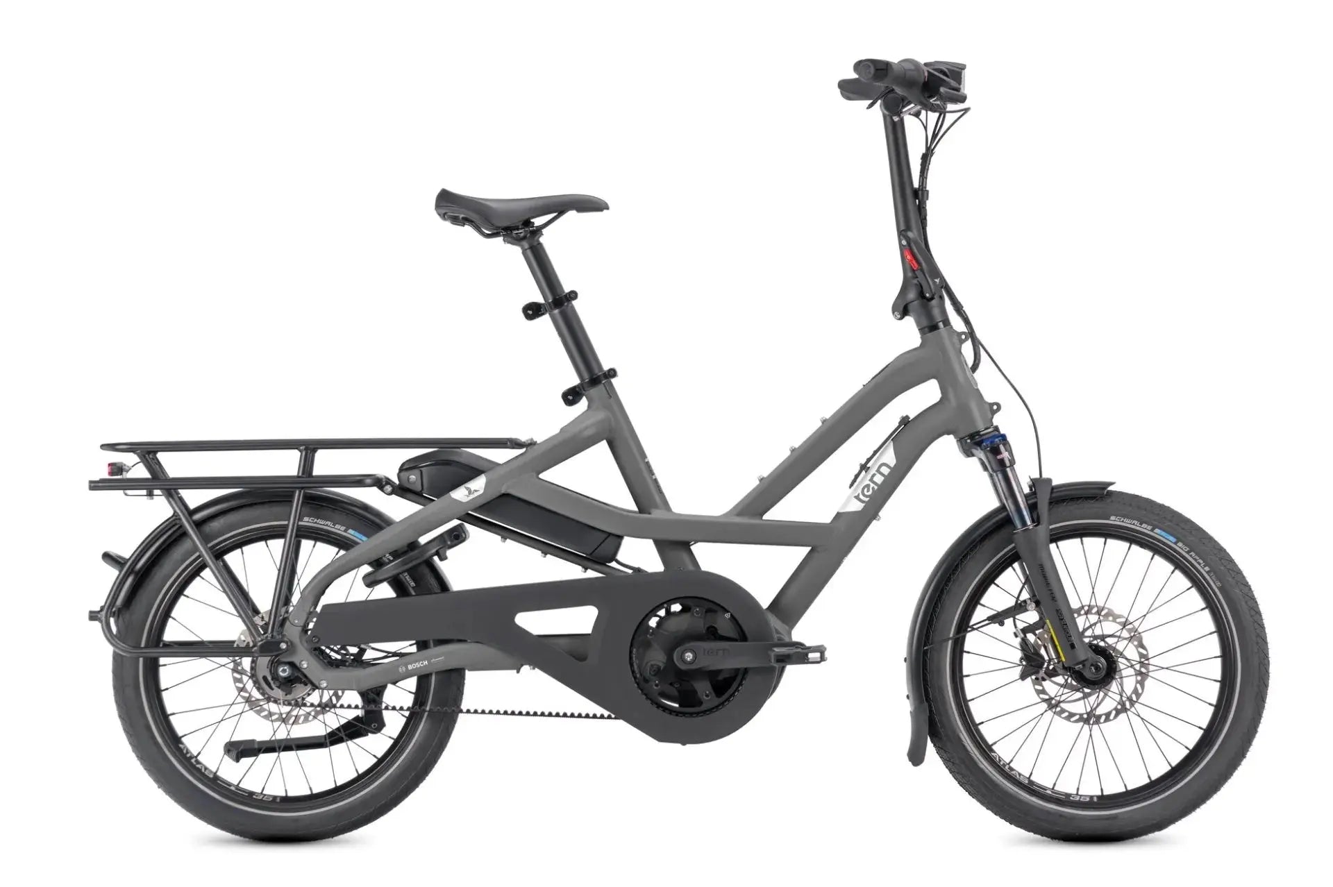 Tern HSD P5i Gen 3 electric longtail cargo bike in Basalt grey, side profile