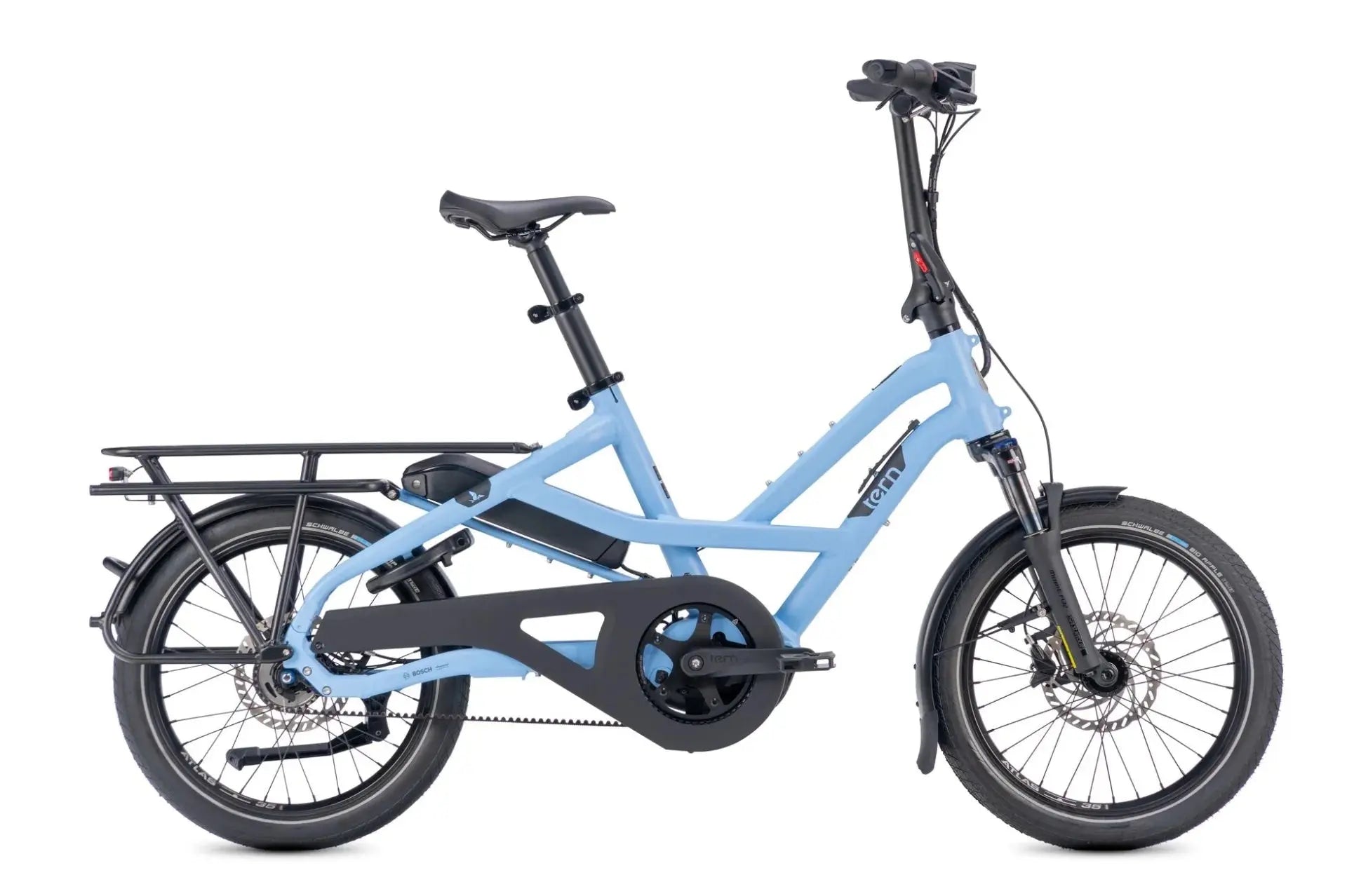 Tern HSD P5i Gen 3 electric longtail cargo bike in Sky Mist blue, side profile