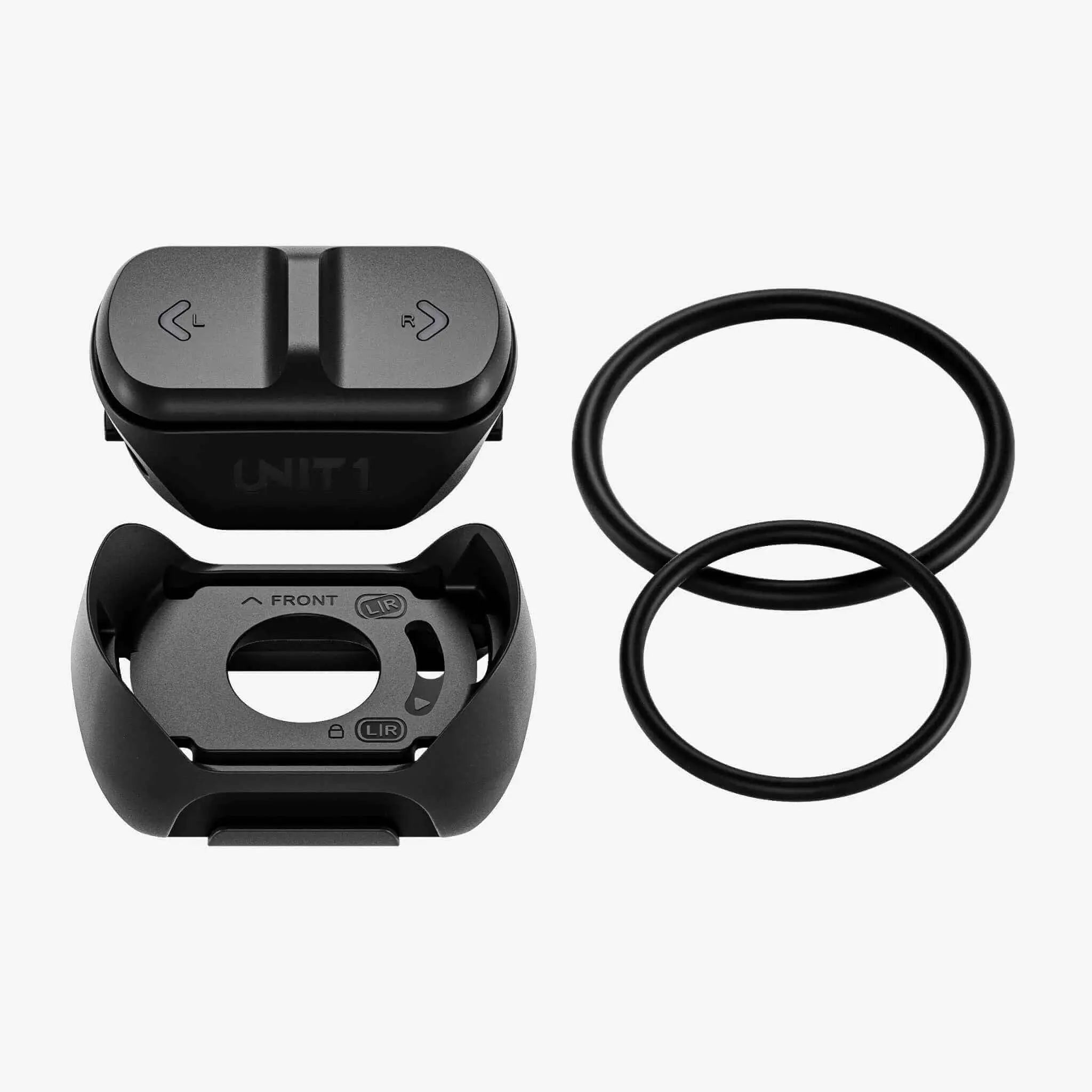 UNIT 1 Remote handlebar controller with its mounting dock and rubber fixing bands